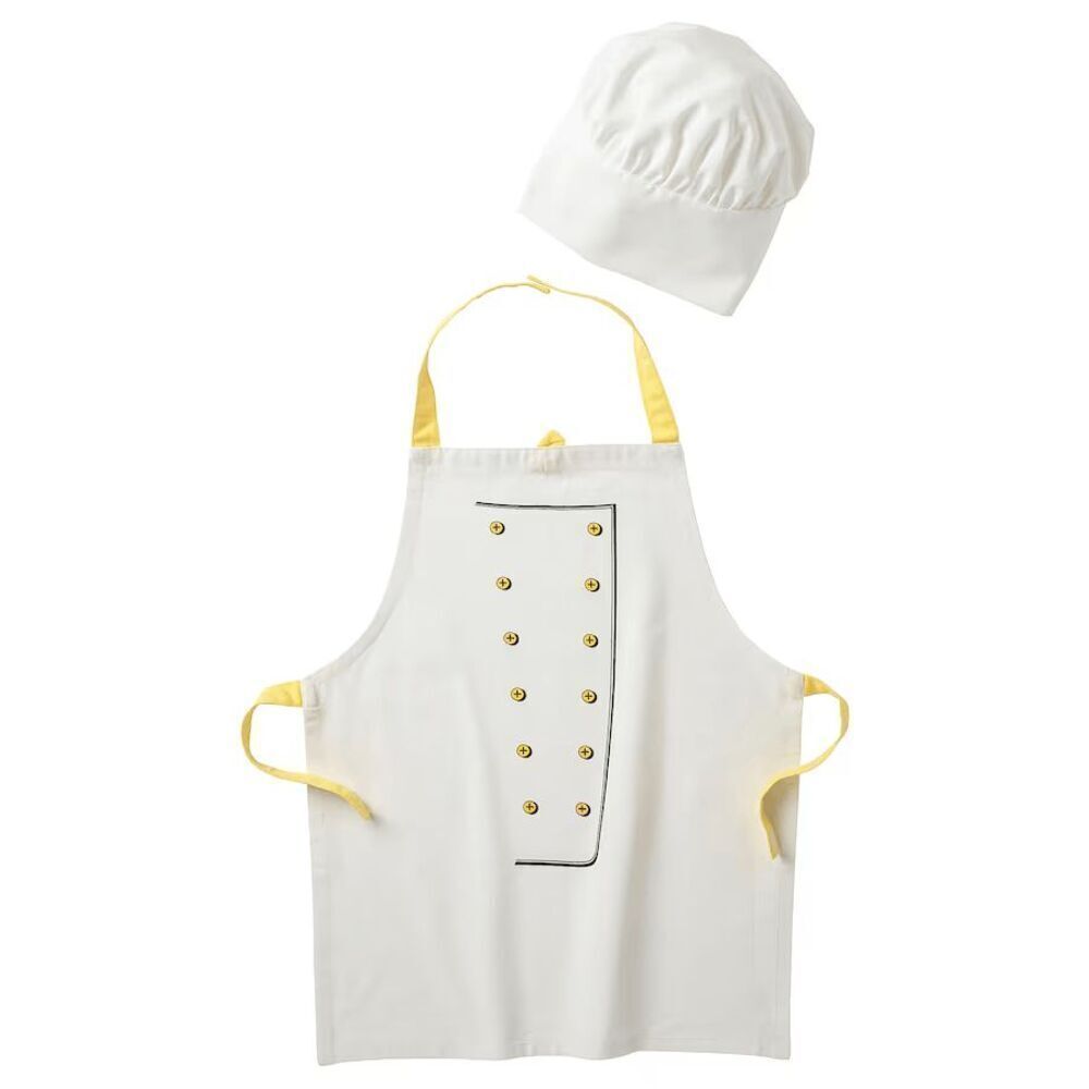 Brand New Ikea TOPPKLOCKA Children’s apron with chef’s hat, white/yellow